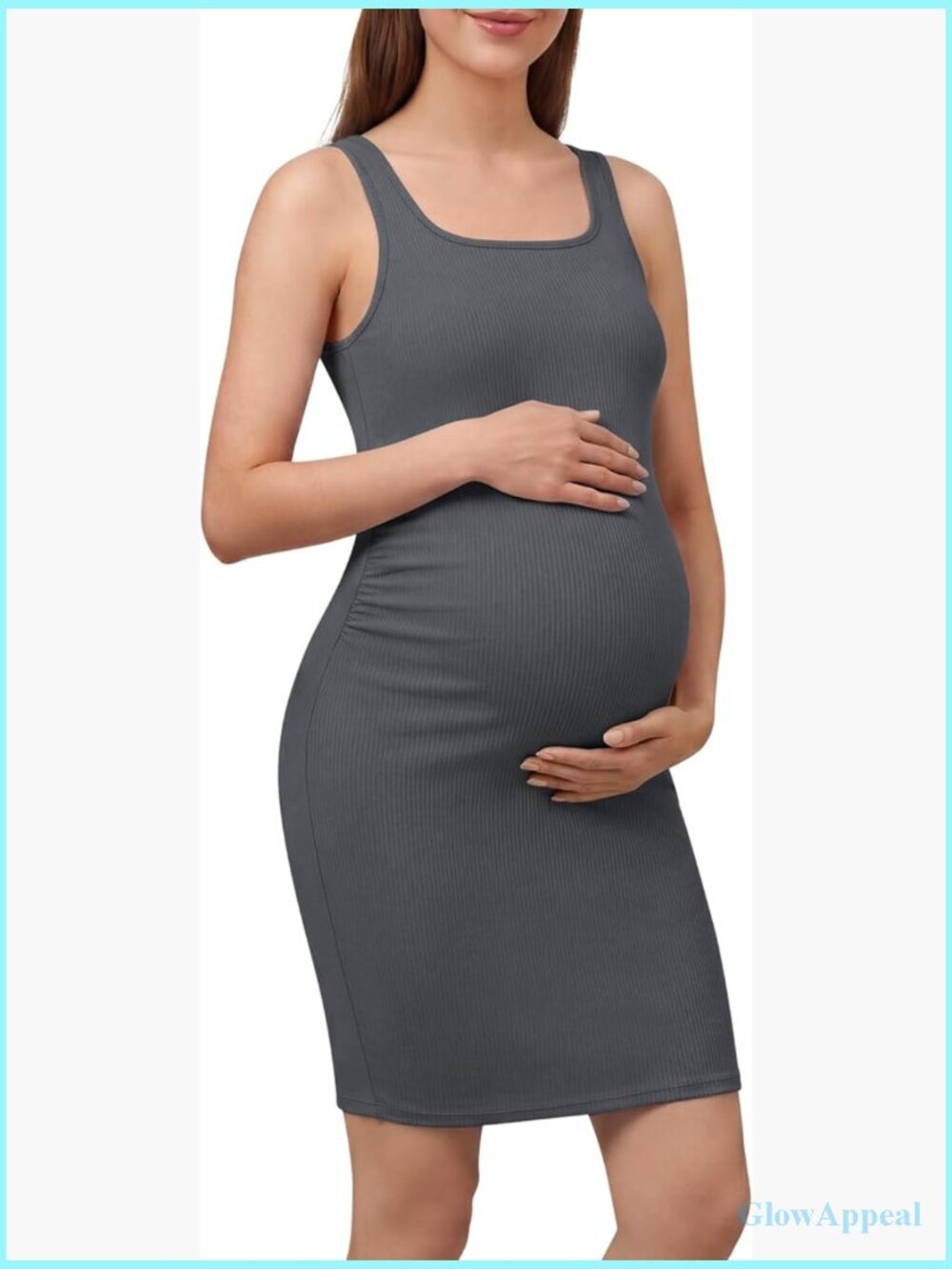 Maternity Midi Dress Ribbed Bodycon Square Neck Sleeveless Casual